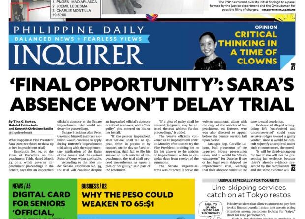 ASEANEWS PAPER EDITIONS | 5.20.26 WEDNESDAY | ‘Final opportunity’: Sara Duterte’s absence won’t delay trial