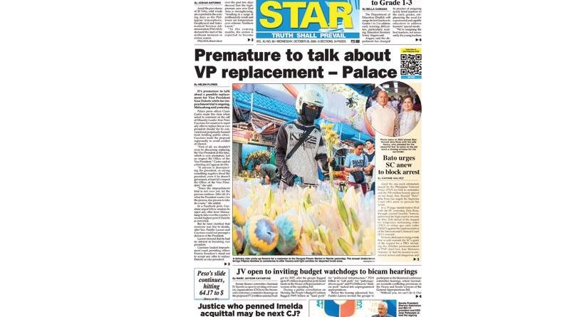 ASEANEWS HEADLINE-PAPER EDITIONS |10.28.26. WEDNESDAY | Premature to talk about VP replacement – Palace